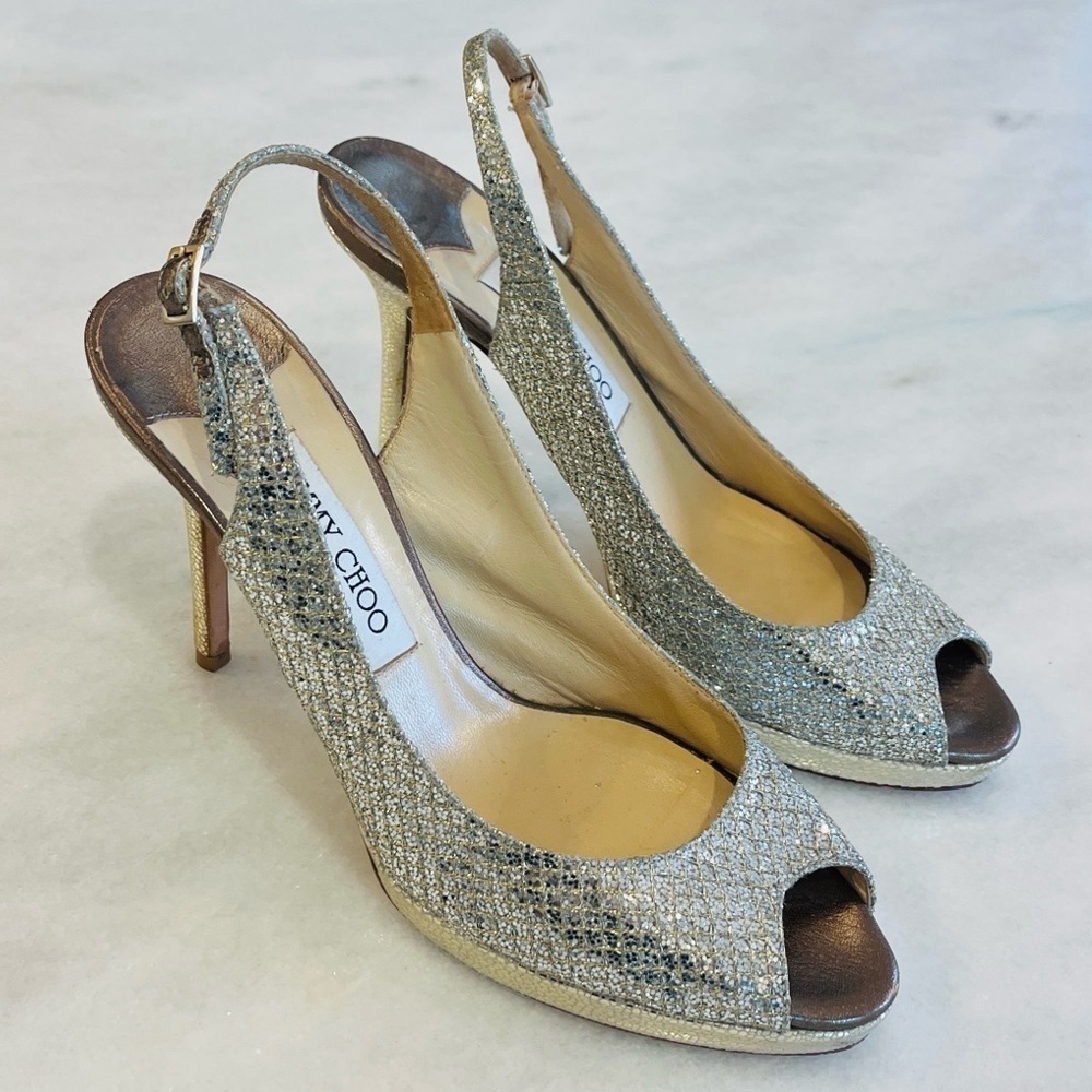 Jimmy Choo 38.5 8.5 Nova Champagne Glitter Gold Silver Peep Toe Sling Back Heels - Picture 2 of 12
